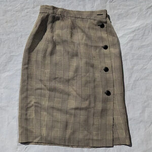 Vintage Button Front Plaid Houndstooth Tan & Black Skirt - Size 0  ?